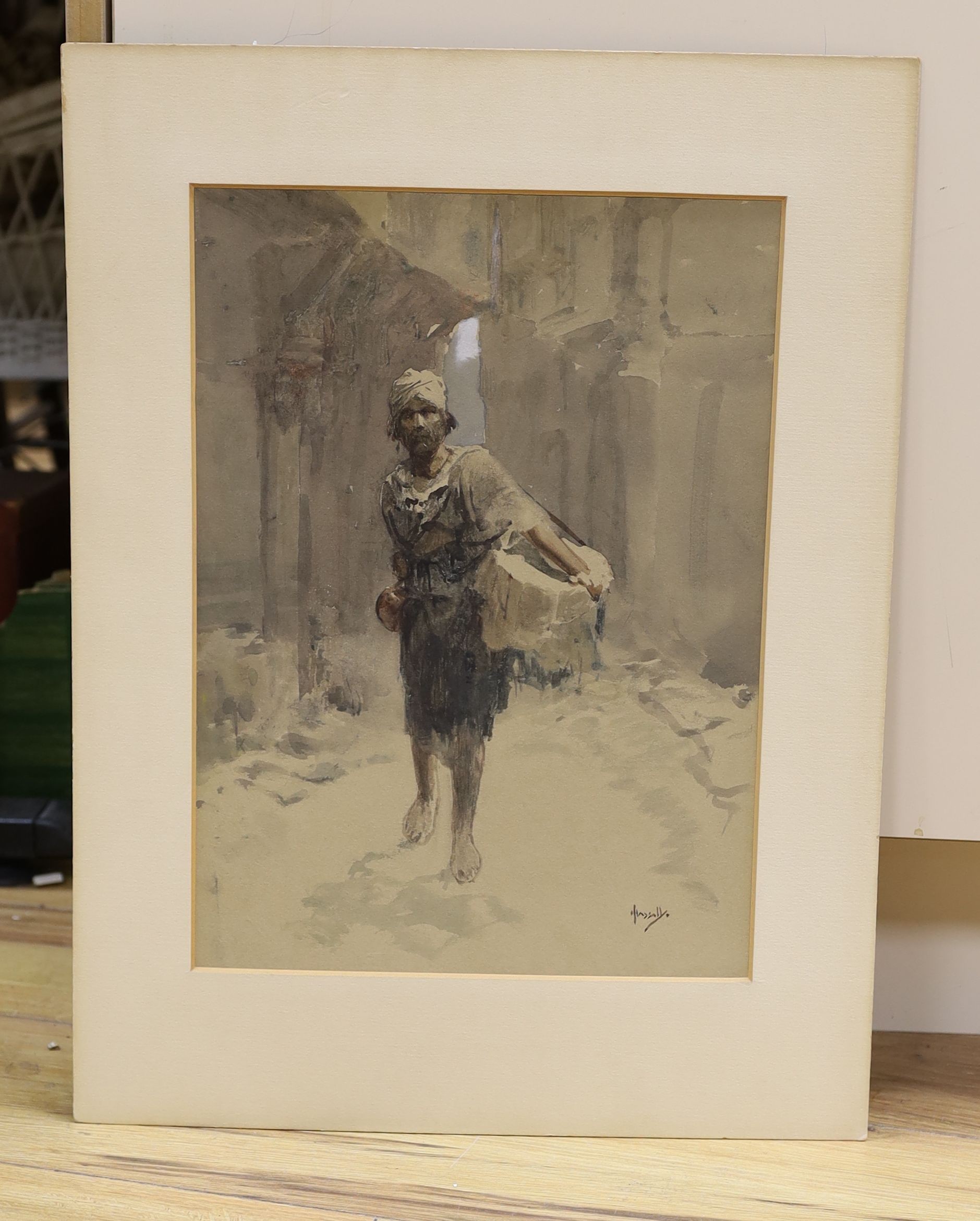 John Hassall (1868-1948), watercolour, Street scene with Arab pedlar, signed, 37 x 27cm, unframed